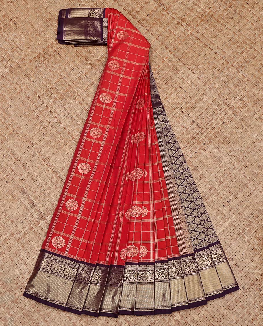 Red Budget Silk Saree, Elegantly Highlighted with Zari Checked Design on Its Body, Complemented by Contrast Traditional Zari Design Border, Grand Jaal Pallu, and Paired with a Contrast Blouse