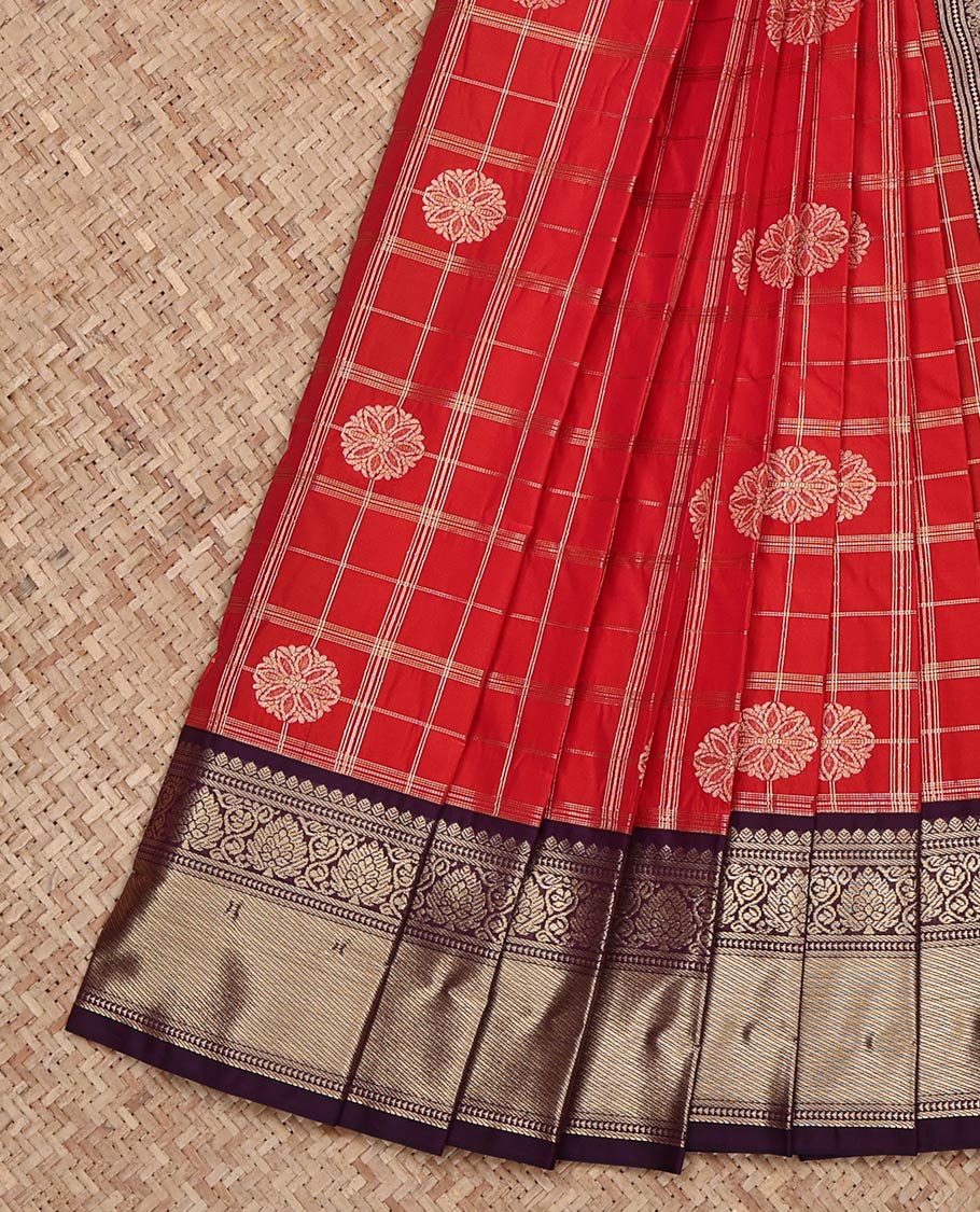 Red Budget Silk Saree, Elegantly Highlighted with Zari Checked Design on Its Body, Complemented by Contrast Traditional Zari Design Border, Grand Jaal Pallu, and Paired with a Contrast Blouse