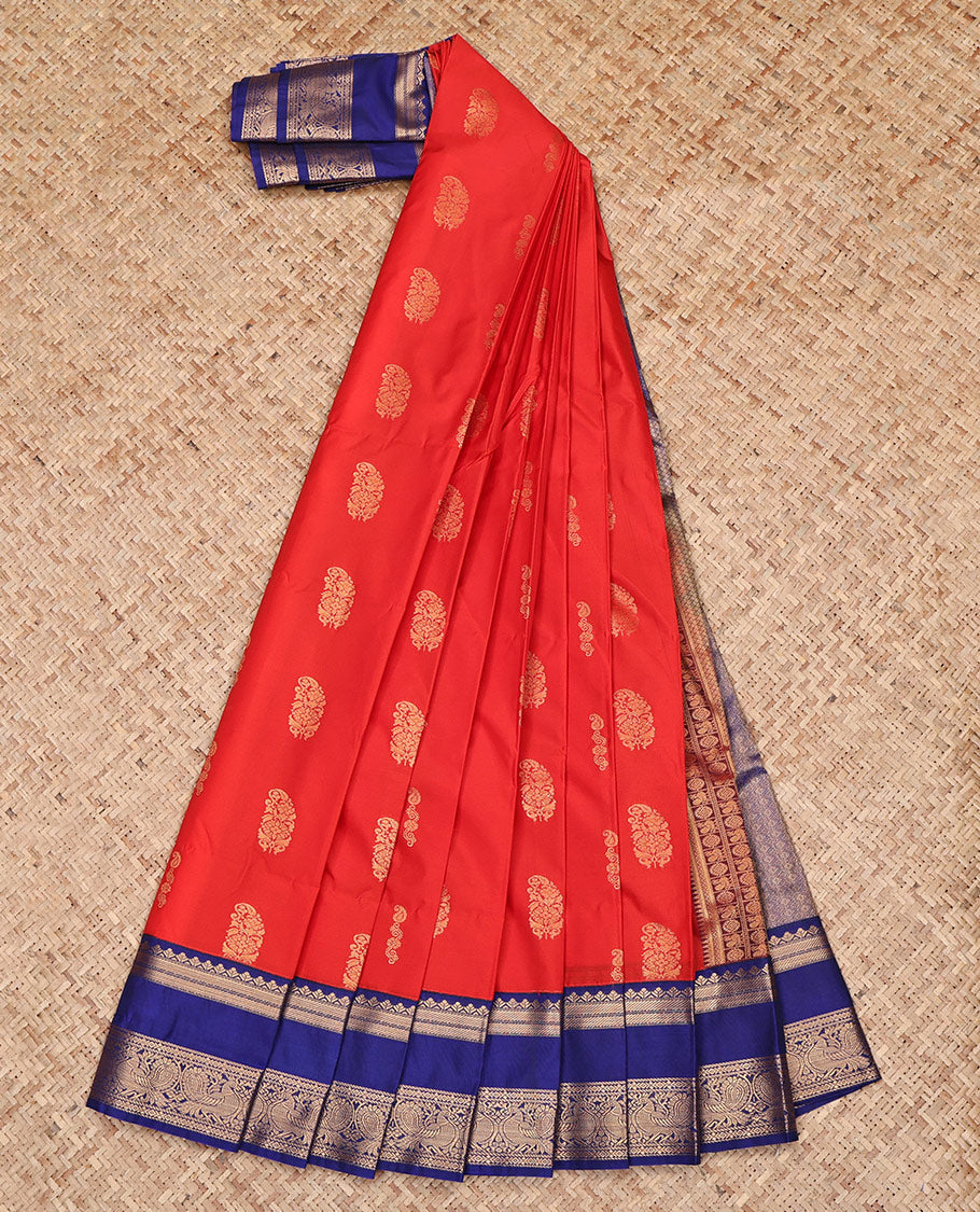 Red Budget Silk Saree, Graced with Zari Buttas All Over Its Body, Complemented by a Contrast Traditional Zari Design Rettai Pettu Border of Peacock Design, Grand Pallu, and Paired with a Contrast Blouse