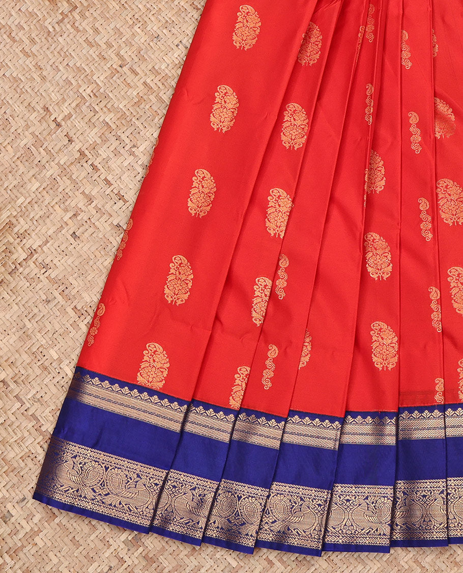 Red Budget Silk Saree, Graced with Zari Buttas All Over Its Body, Complemented by a Contrast Traditional Zari Design Rettai Pettu Border of Peacock Design, Grand Pallu, and Paired with a Contrast Blouse