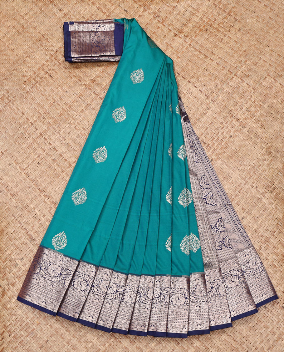 Blue Budget Silk Saree, Adorned with Zari Buttas All Over Its Body, Complemented by a Contrast Traditional Zari Design Woven Border, Mughal-Style Woven Pallu, and Paired with a Contrast Blouse
