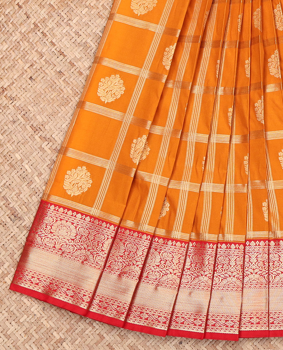 Orange Budget Silk Saree, Finely Crafted with Zari Butta Enclosed Checked Design on Its Body, Complemented by a Contrast Traditional Zari Design Border, Pallu of Paisleys, and Paired with a Contrast Blouse