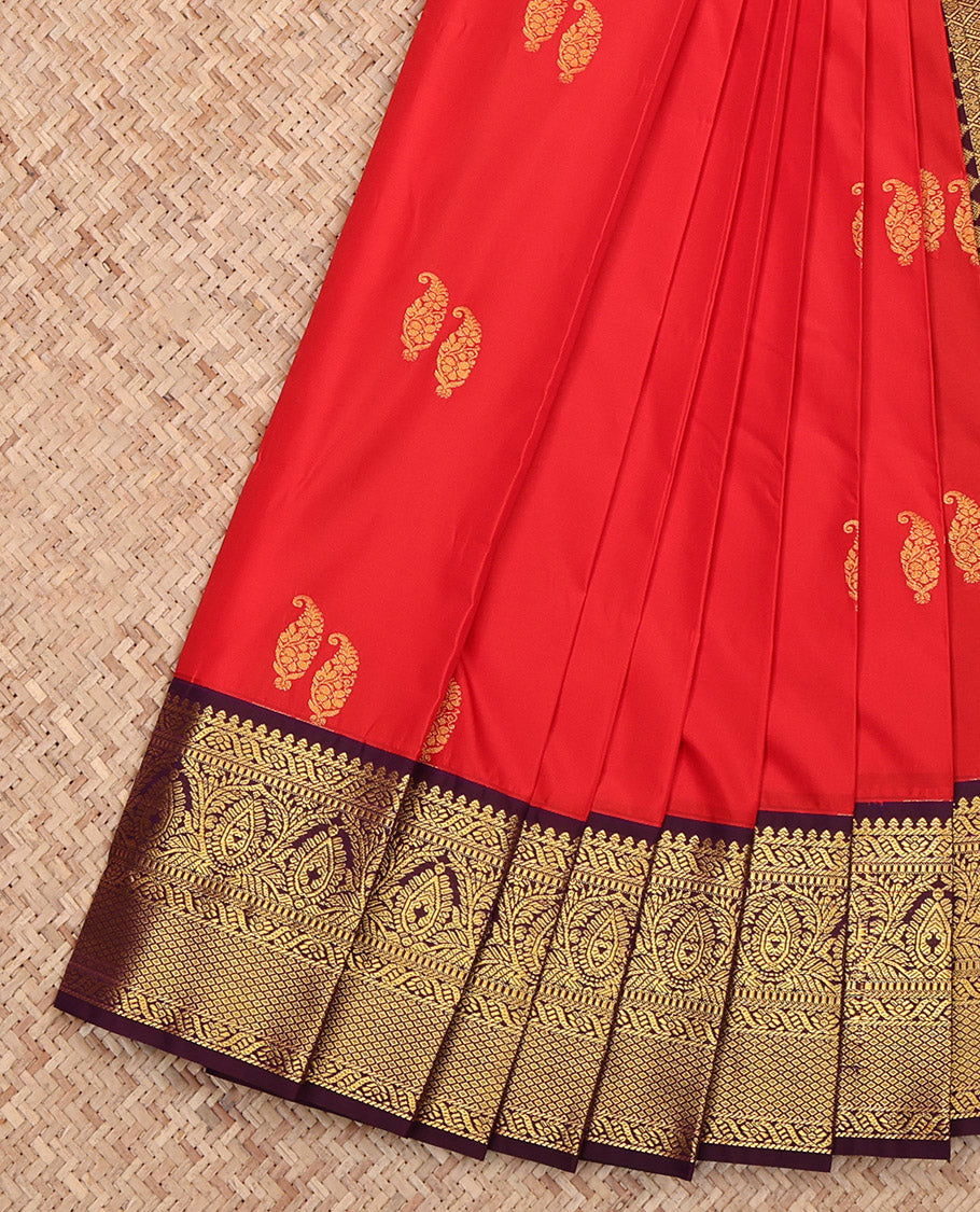 Orange Budget Silk Saree, Decorated with Zari Buttas, Complemented by Contrast Traditional Zari Border, Jaal Pallu and a Contrast Blouse