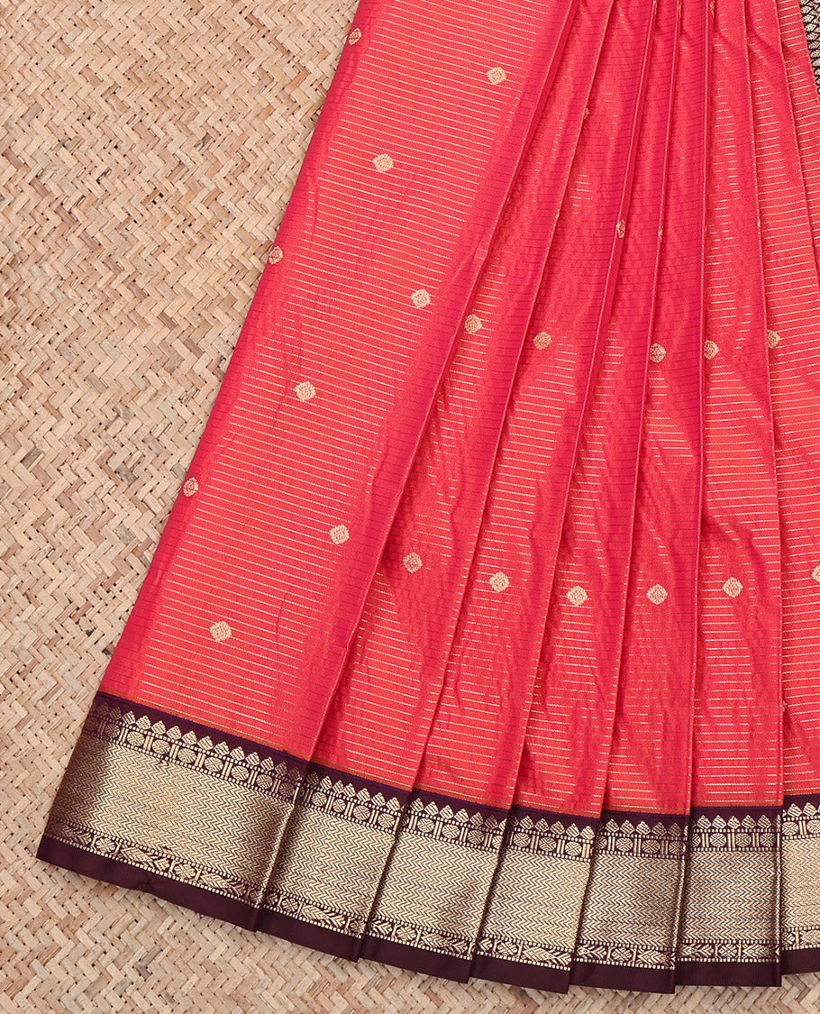 Red Budget Silk Saree, Adorned with Zari Buttas and Stripes, Complemented by Contrast Traditional Zari Border, Jaal Pallu, and Comes with a Contrast Blouse