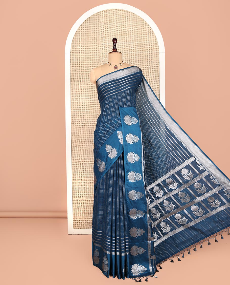 Blue Assam Silk Saree, Gleamed Up with Zari Checks, Highlighted by a Traditional Zari Border, Floral Butta Enclosed Checks Pallu, and a Matching Blouse