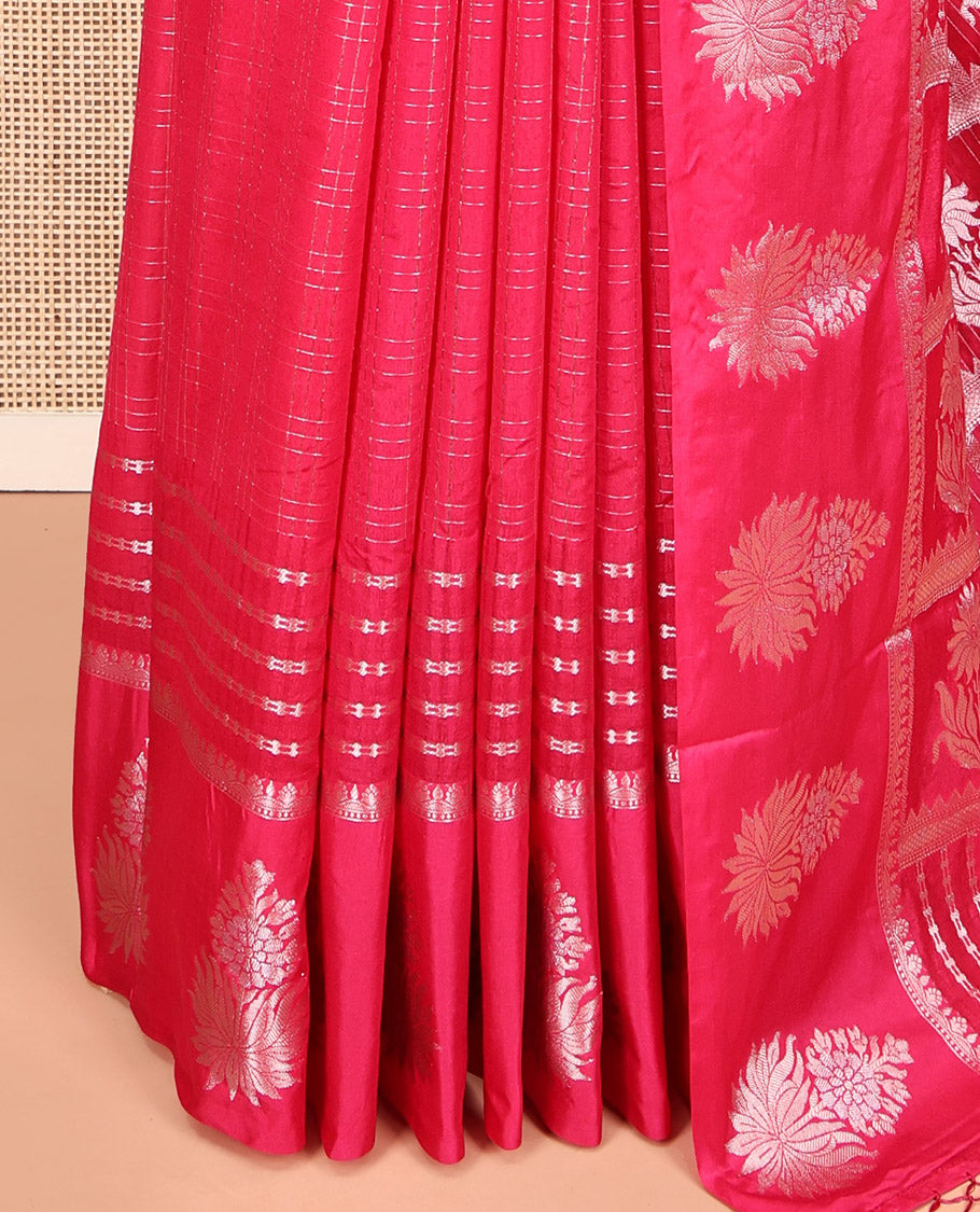 Pink Assam Silk Saree, Gracefully Embellished with Zari Checks, a Traditional Zari Border, Pallu of Floral Butta Enclosed Checks, and a Jacquard Blouse