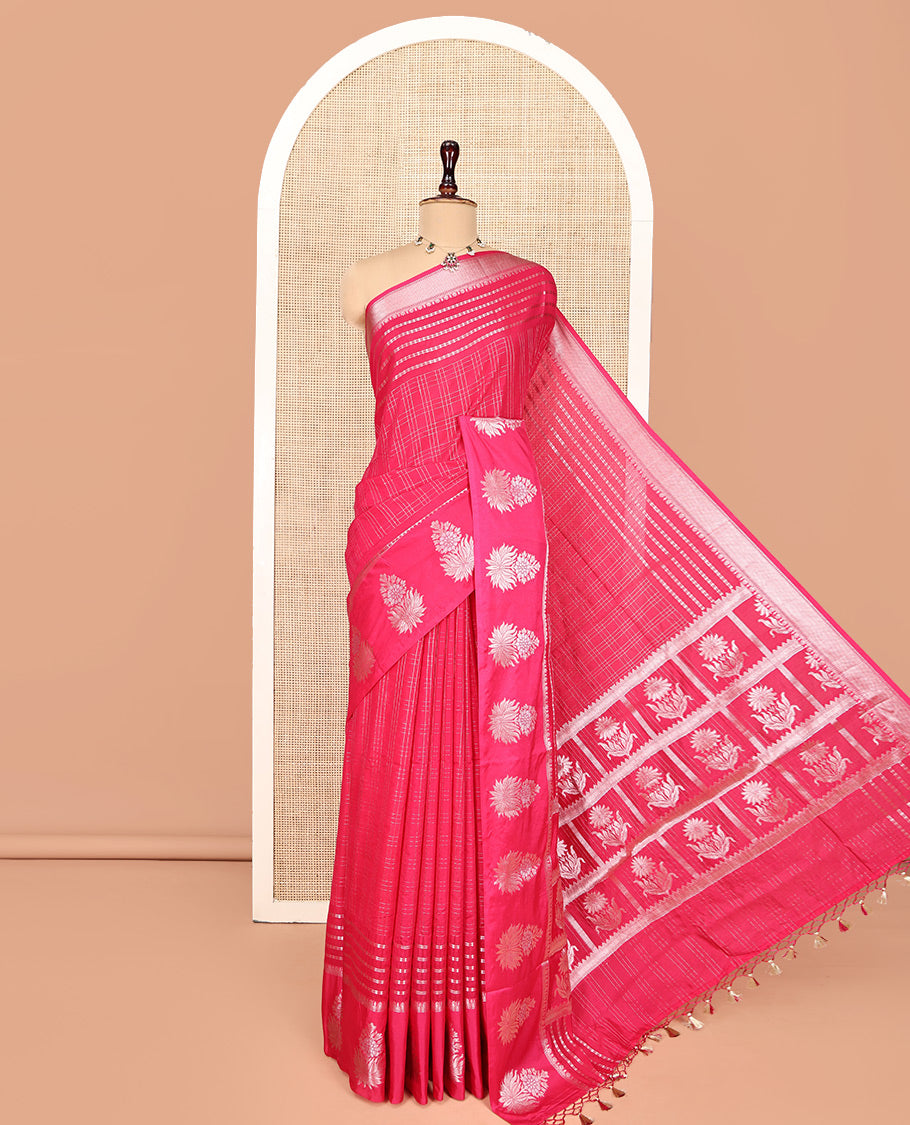 Pink Assam Silk Saree, Gracefully Embellished with Zari Checks, a Traditional Zari Border, Pallu of Floral Butta Enclosed Checks, and a Jacquard Blouse