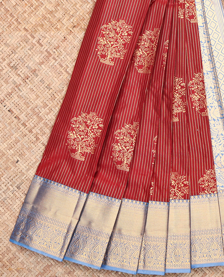 Red Budget Silk Saree, Adorned with Zari Buttas and Stripes, Contrast Traditional Zari Border, Jaal Pallu, and a Contrast Blouse