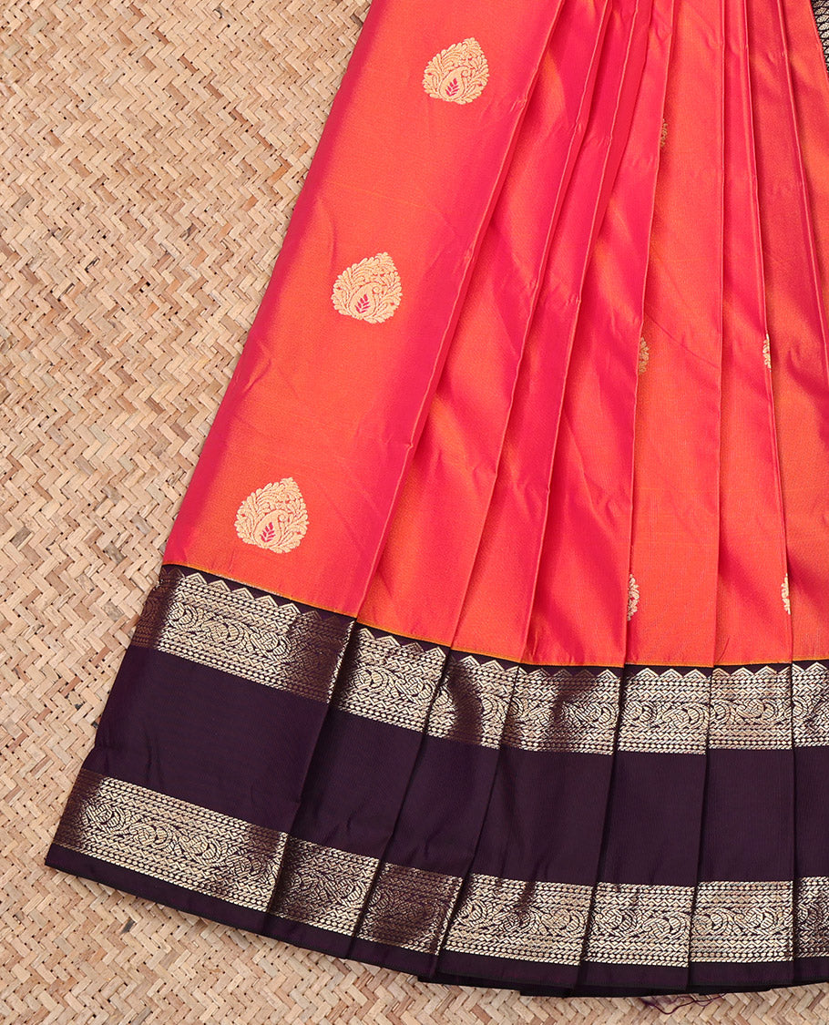 Orange Budget Silk Saree, Adorned with Zari Buttas, Complemented by Contrast Traditional Rettai Pettu Border, Grand Pallu, and a Contrast Blouse