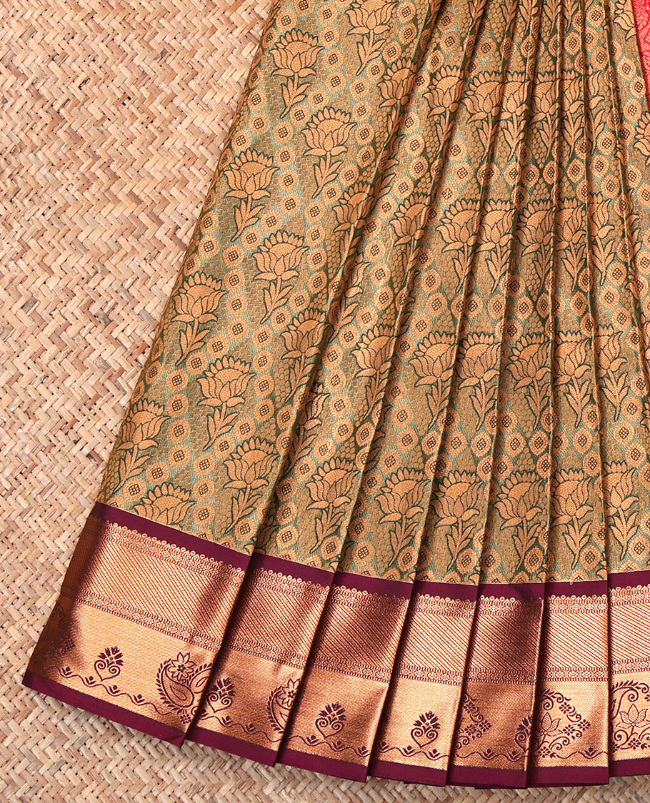 Green Budget Silk Saree, Accentuated with Jacquard Design, Contrast Traditional Zari Border, Intricate Pallu and a Contrast Blouse
