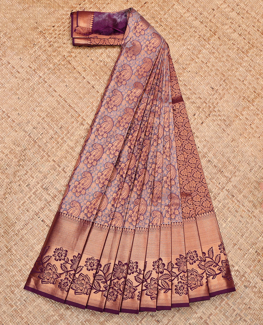 Grey Budget Silk Saree, Embellished with Paisley Jacquard, Complemented by Contrast Traditional Zari Border, Intricate Pallu, and a Contrast Blouse