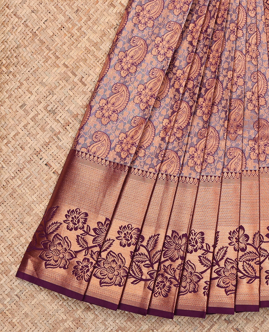 Grey Budget Silk Saree, Embellished with Paisley Jacquard, Complemented by Contrast Traditional Zari Border, Intricate Pallu, and a Contrast Blouse