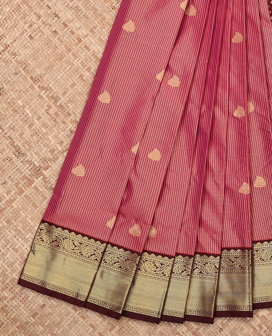 Red Budget Silk Saree, Adorned with Zari Buttas and Checks, Complemented by a Contrast Traditional Zari Border, Geometric Pallu, and a Contrast Blouse