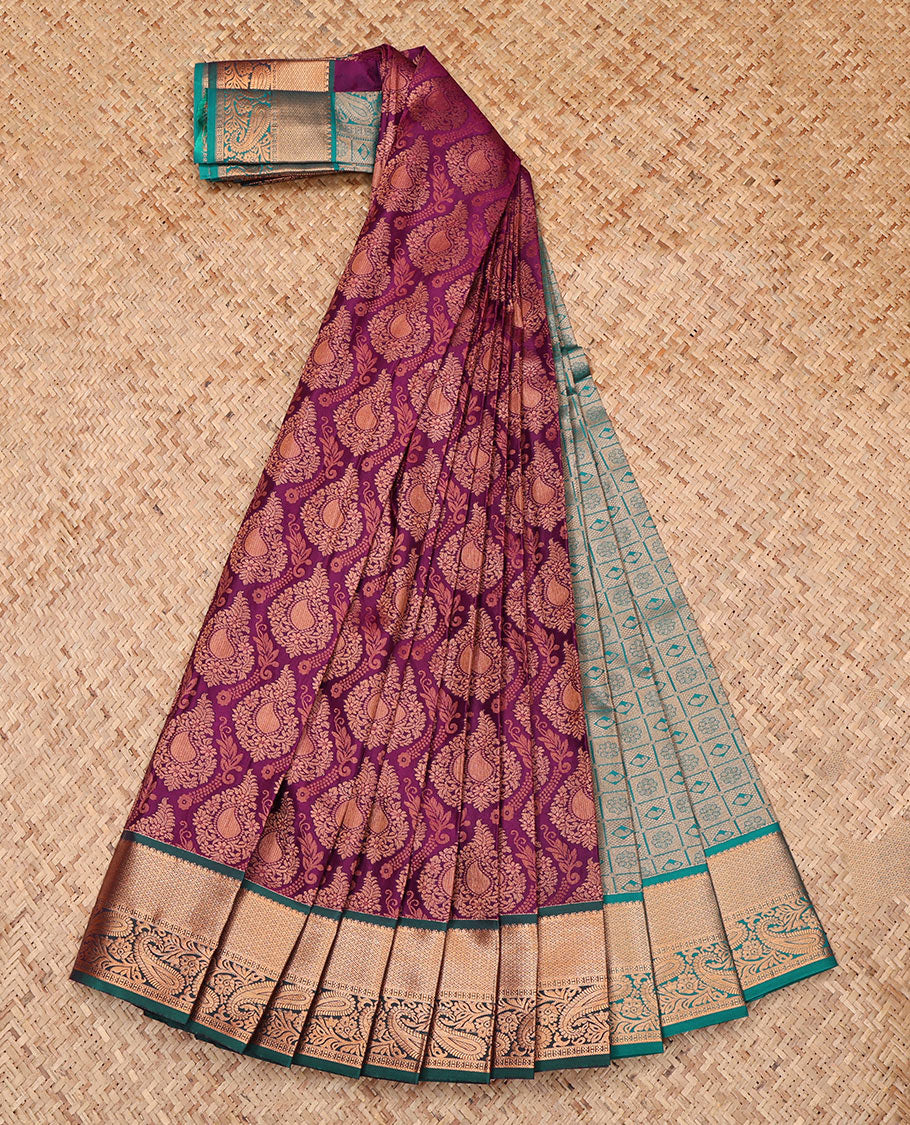 Purple Budget Silk Saree, Adorned with a Jacquard Design, Complemented by Contrast Traditional Zari Border, Intricate Pallu, and Contrast Blouse