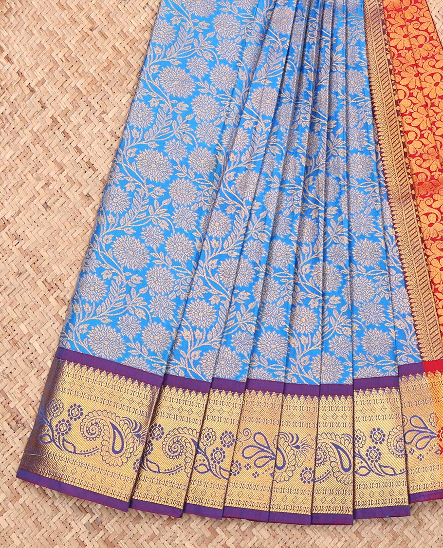 Blue Budget Silk Saree, Adorned with Floral Jacquard, Complemented by a Contrast Traditional Zari Border, Grand Pallu, and a Contrast Blouse