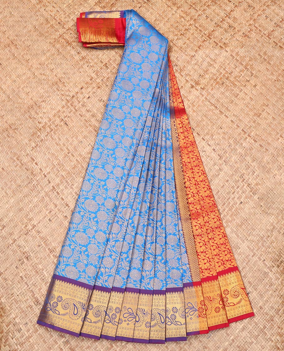 Blue Budget Silk Saree, Adorned with Floral Jacquard, Complemented by a Contrast Traditional Zari Border, Grand Pallu, and a Contrast Blouse