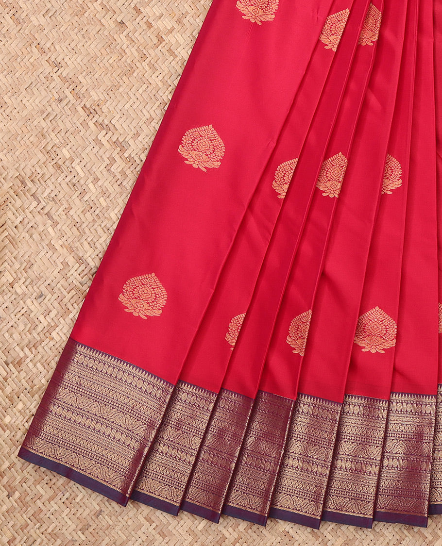 Red Budget Silk Saree, Detailed with Zari Buttas, Complemented by a Contrast Traditional Zari Border, Jaal Pallu, and Contrast Blouse