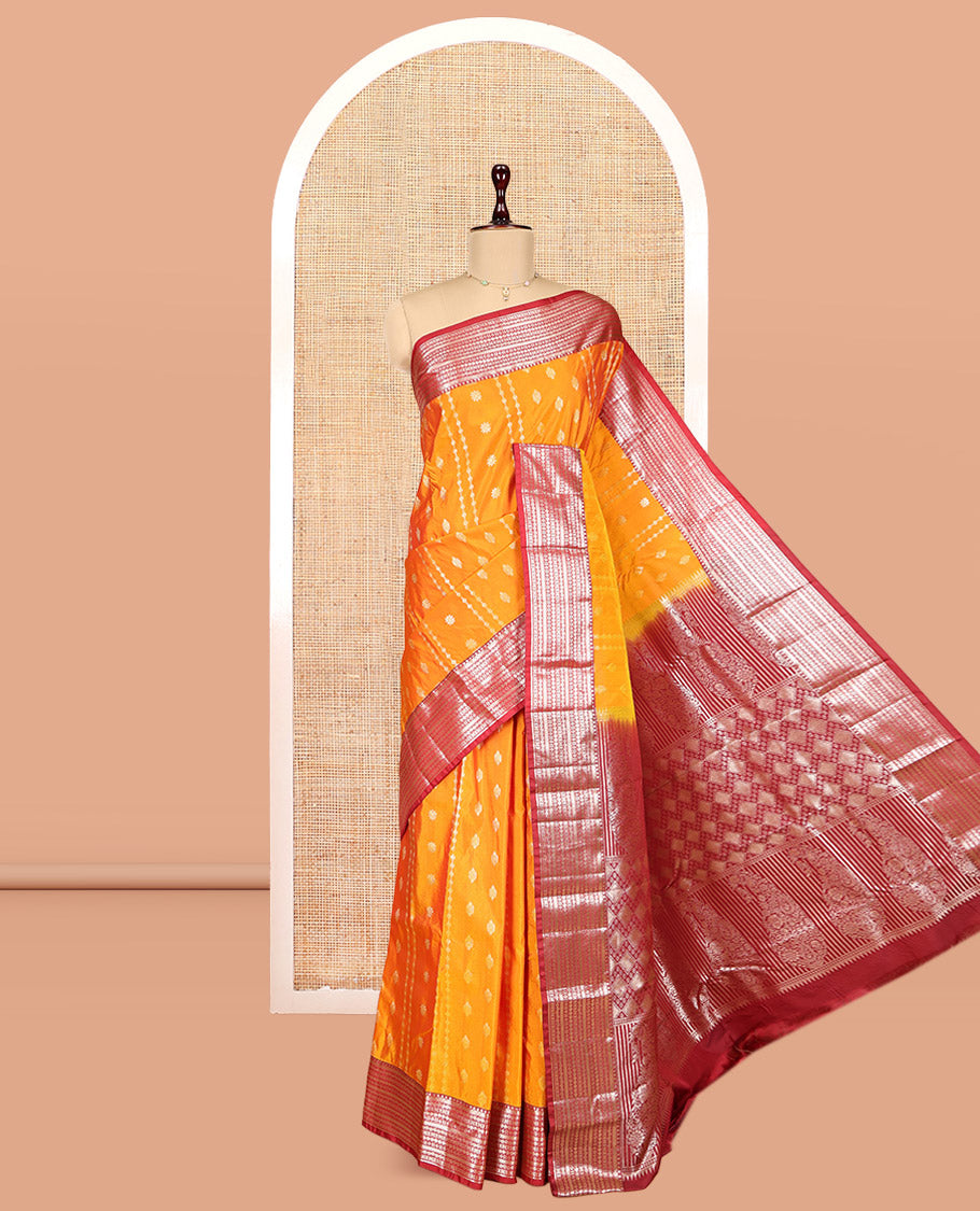 Orange Budget Silk Saree, Adorned with Zari Designs, Complemented by a Contrast Traditional Zari Border, Grand Pallu, and a Contrast Blouse