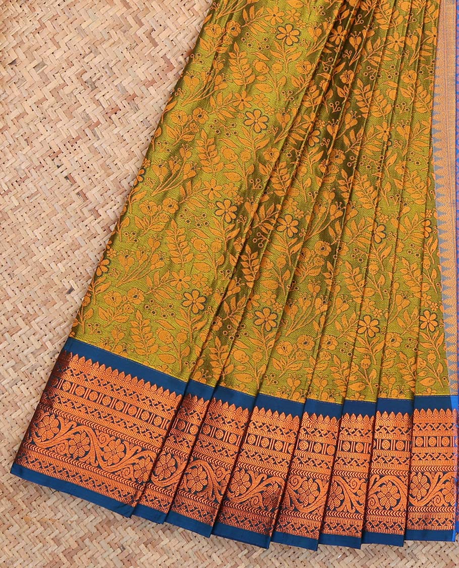 Green Budget Silk Saree, Adorned with Floral Vine Design, Complemented by Contrast Traditional Floral Creeper Zari Border, a Jaal Pallu and a Contrast Blouse