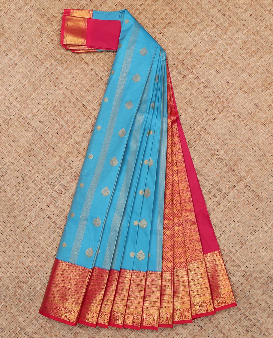 Blue Budget Silk Saree, Enhanced with Stripes and Buttas, a Contrast Traditional Zari Border, a Grand Pallu and a Contrast Blouse