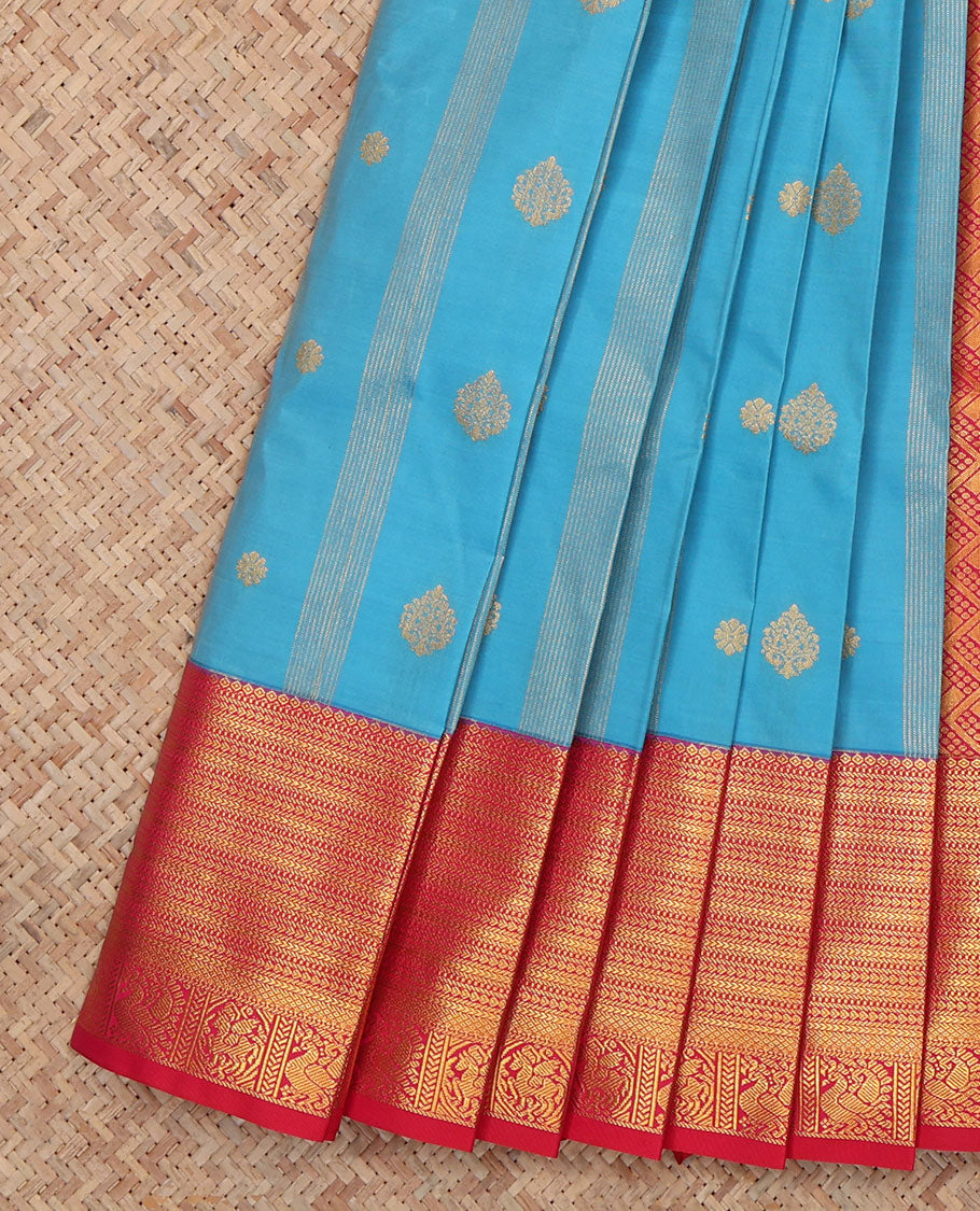 Blue Budget Silk Saree, Enhanced with Stripes and Buttas, a Contrast Traditional Zari Border, a Grand Pallu and a Contrast Blouse
