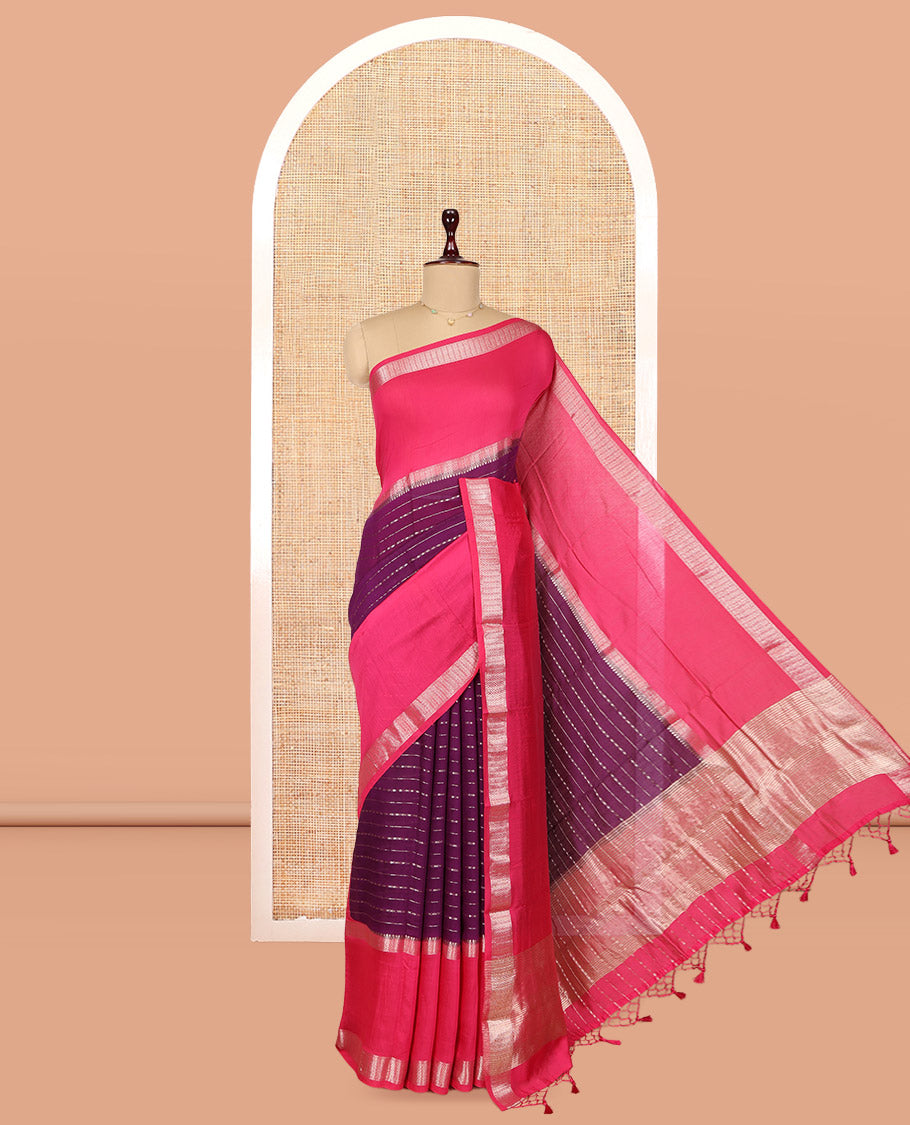 Purple Assam Silk Saree, Delicately Woven with Zari Stripes, Complemented by Contrast Big Zari Border, Zari Woven Pallu, and Contrast Blouse