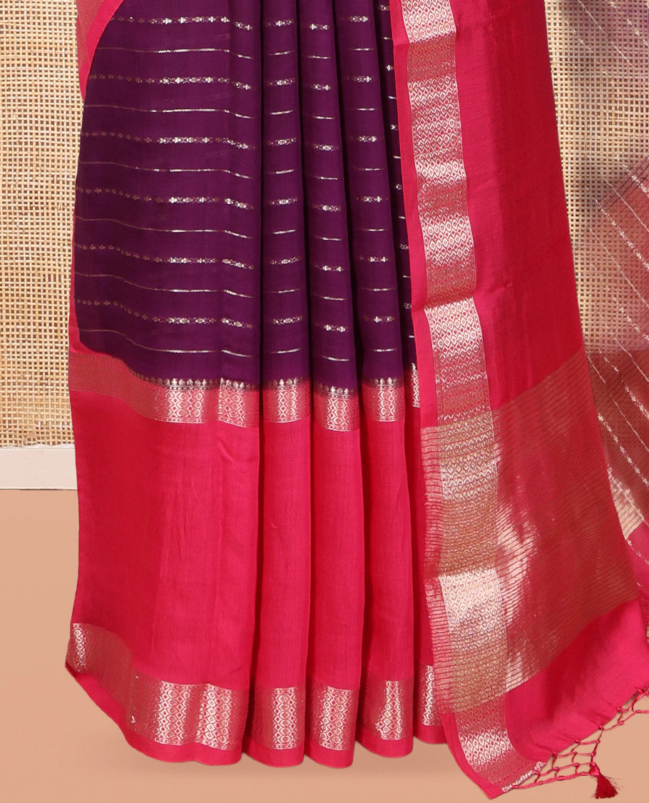 Purple Assam Silk Saree, Delicately Woven with Zari Stripes, Complemented by Contrast Big Zari Border, Zari Woven Pallu, and Contrast Blouse