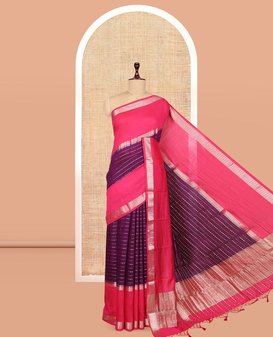 Purple Assam Silk Saree, Adorned with Zari Stripes, Complemented by Contrast Big Traditional Zari Border, Zari Woven Pallu, and Contrast Blouse