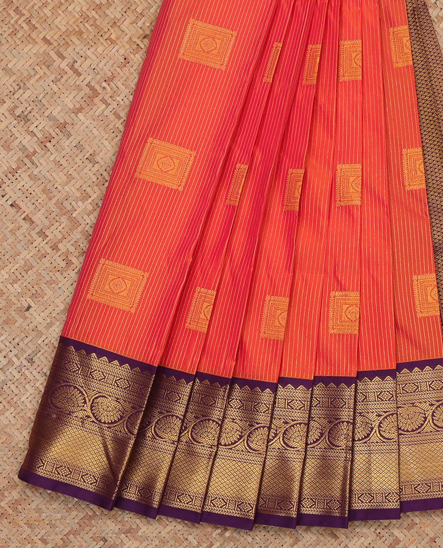 Orange Budget Silk Saree, Adorned with Zari Buttas and Stripes, Complemented by a Contrast Traditional Zari Border, Grand Jaal Pallu, and Contrast Blouse