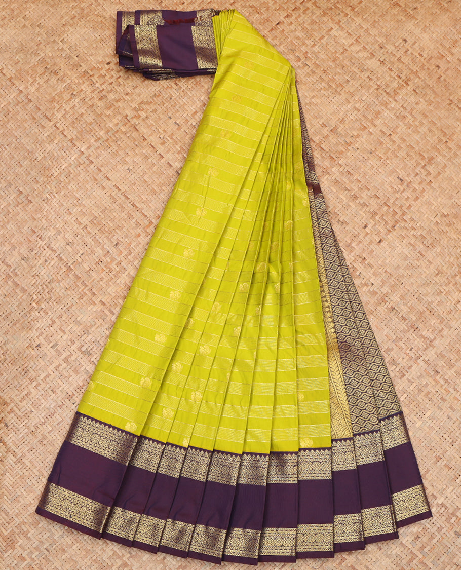 Green Budget Silk Saree, Woven with Buttas and Stripes, a Contrast Traditional Rettai Pettu Border, Grand Pallu, and a Contrast Blouse