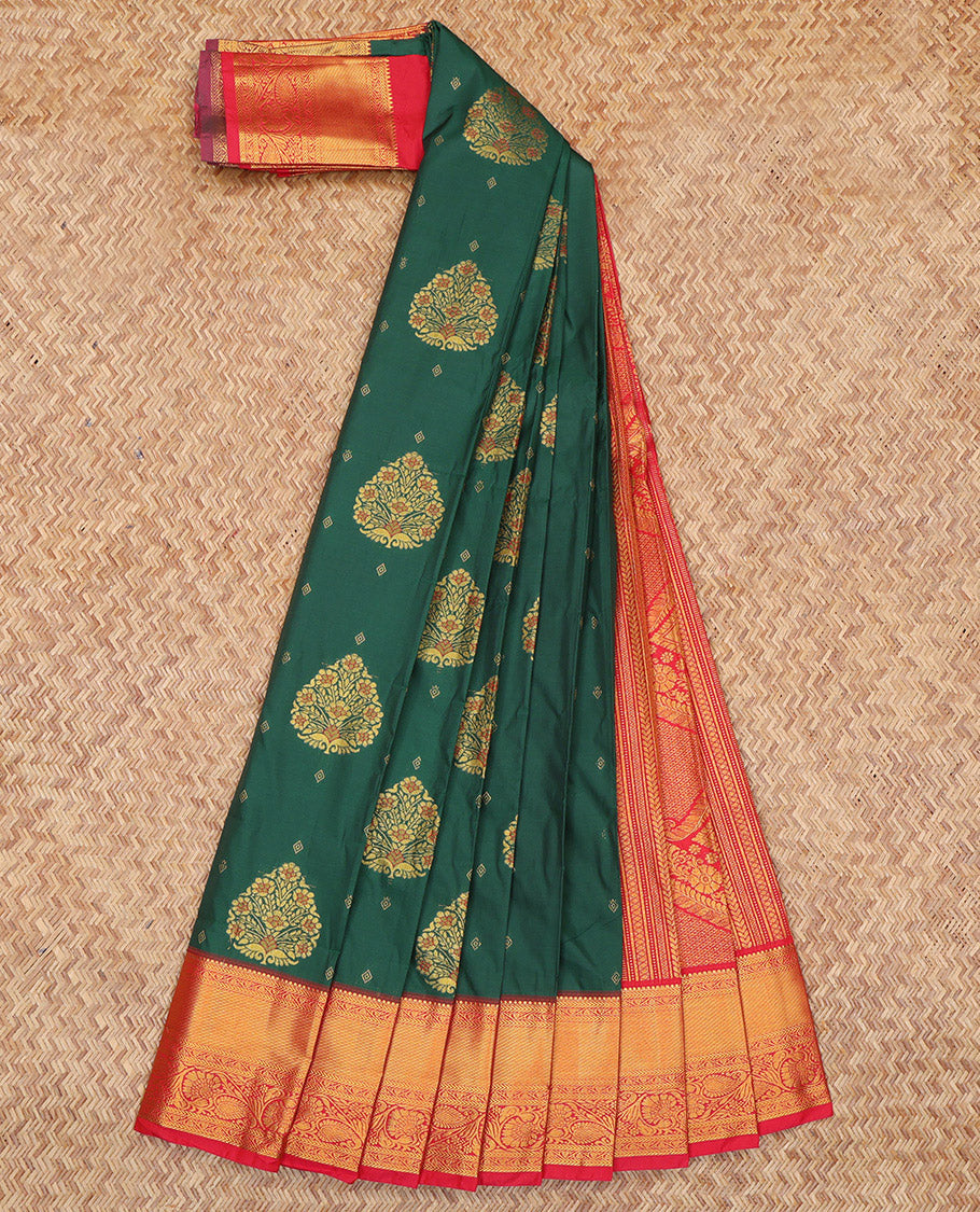 Green Budget Silk Saree, Adorned with Zari Buttas, Complemented by a Contrast Traditional Zari Border, Grand Pallu, and Contrast Blouse