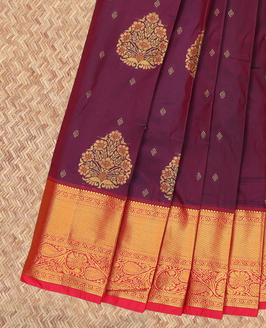 Maroon Budget Silk Saree, Woven with Zari Buttas, a Contrast Traditional Zari Border, Grand Pallu, and a Contrast Blouse