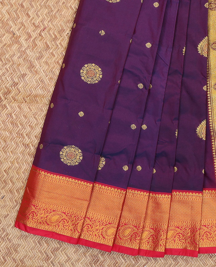 Purple Budget Silk Saree, Adorned with Zari Buttas, a Contrast Traditional Zari Border, Grand Jaal Pallu, and a Contrast Blouse