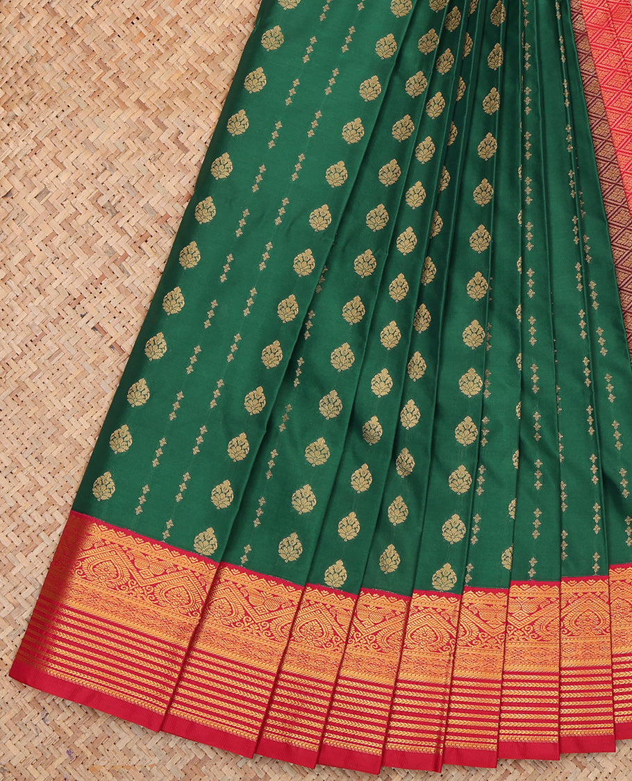 Green Budget Silk Saree, Graced with Zari Buttas, a Contrast Traditional Zari Border, Grand Jaal Pallu, and a Contrast Blouse