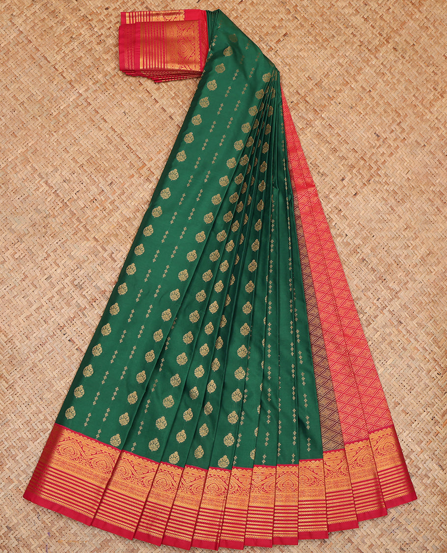 Green Budget Silk Saree, Graced with Zari Buttas, a Contrast Traditional Zari Border, Grand Jaal Pallu, and a Contrast Blouse