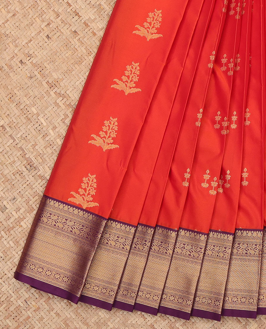 Orange Budget Silk Saree, Embellished with Zari Buttas, a Contrast Traditional Zari Border, Intricate Pallu, and a Contrast Blouse