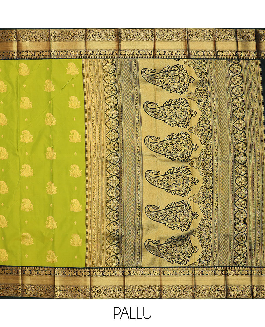 Green paisley zari buttas gift saree, contrast traditional zari border, and pallu of paisleys