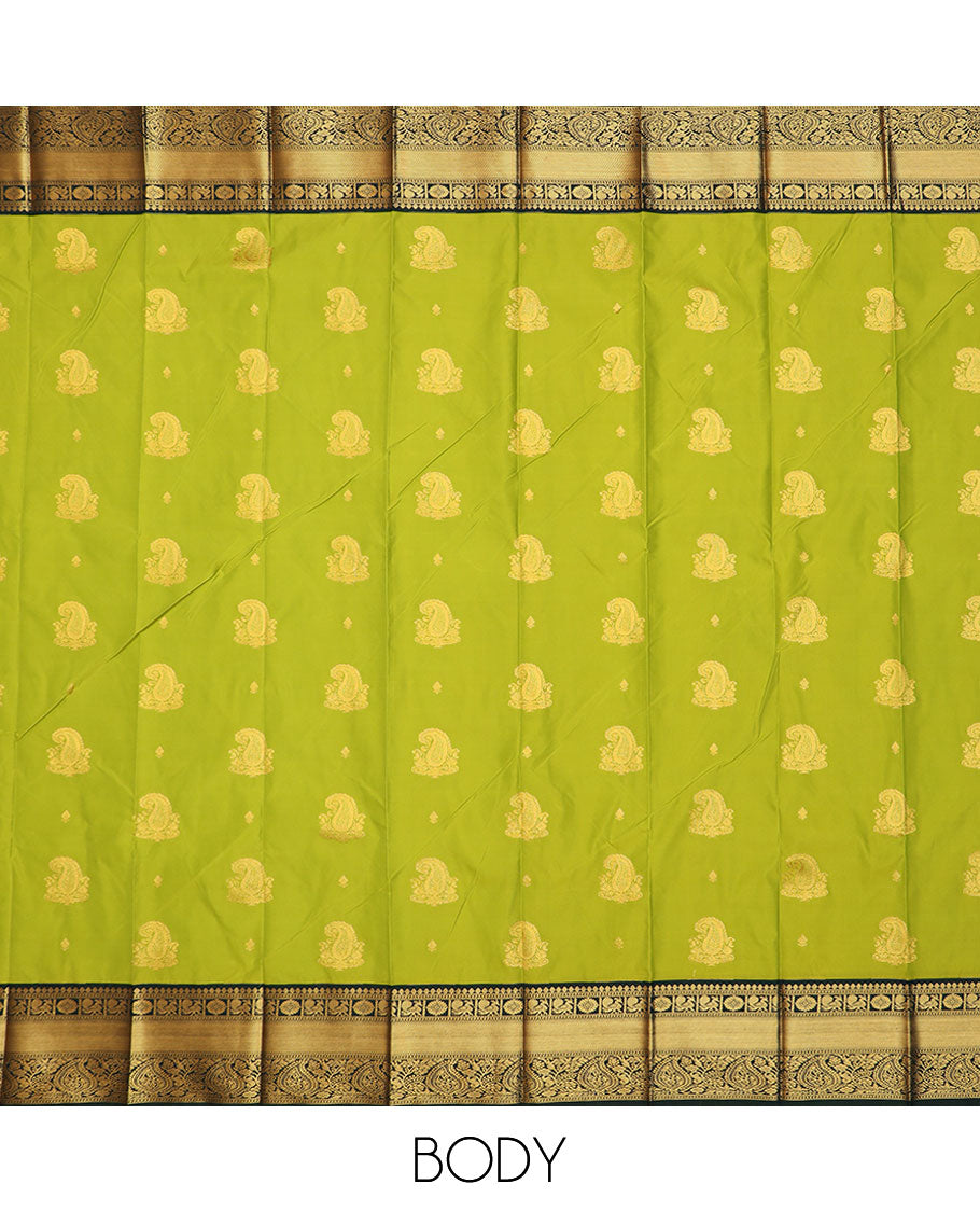 Green paisley zari buttas gift saree, contrast traditional zari border, and pallu of paisleys