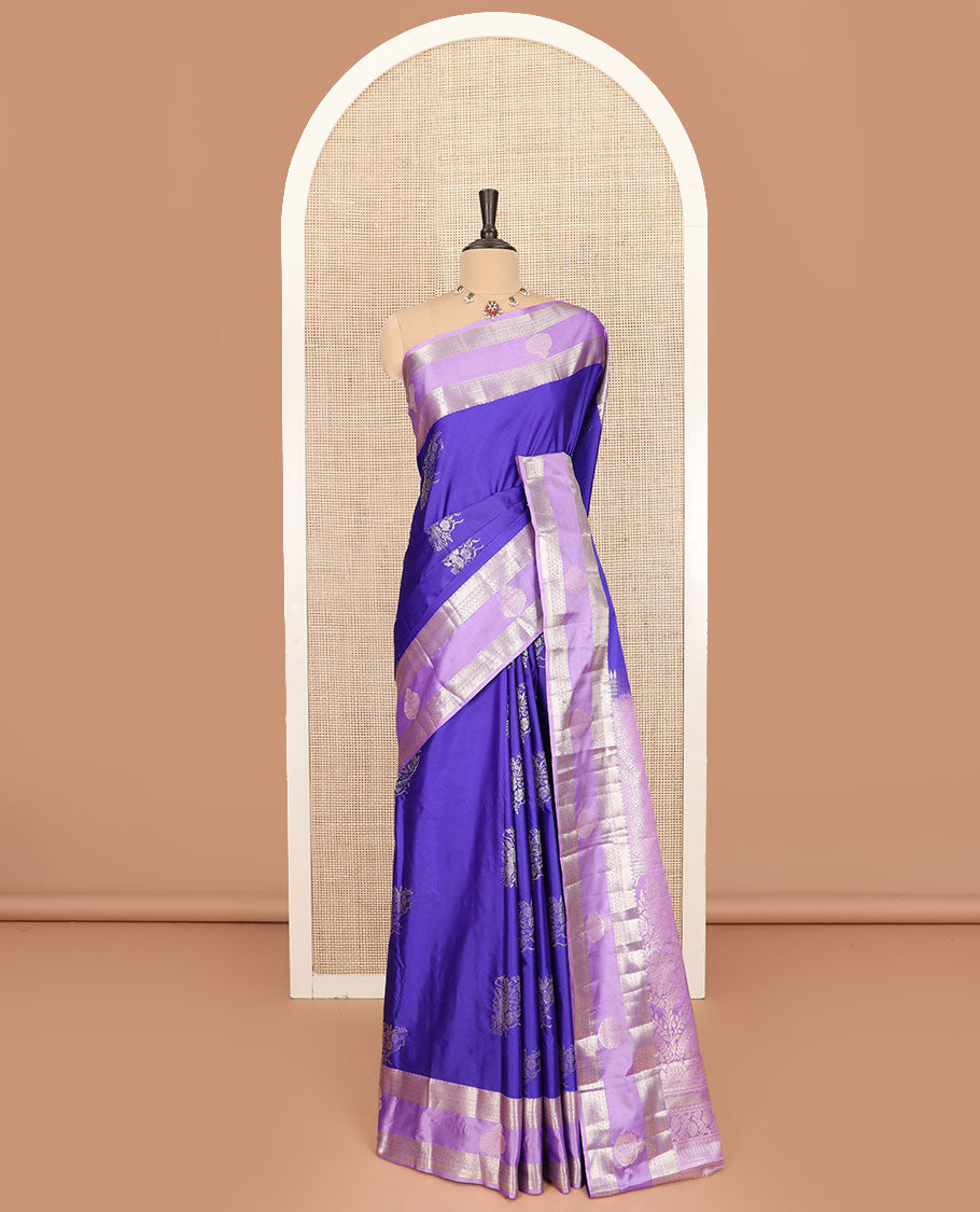 Blue zari buttas budget silk saree, contrast traditional zari border, and pallu of intricate designs