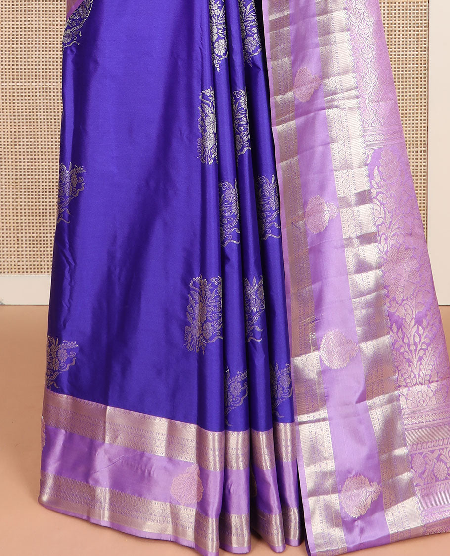 Blue zari buttas budget silk saree, contrast traditional zari border, and pallu of intricate designs