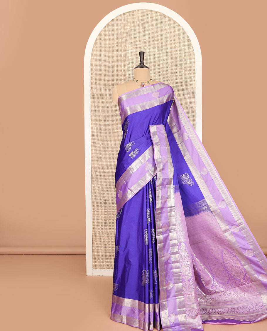 Blue zari buttas budget silk saree, contrast traditional zari border, and pallu of intricate designs