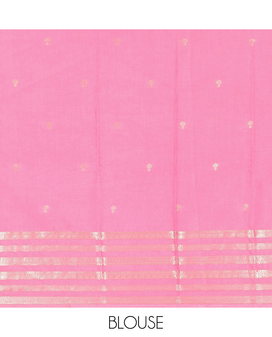 Pink zari buttas Assam silk saree, contrast traditional zari design border, and pallu of zari stripes and buttas