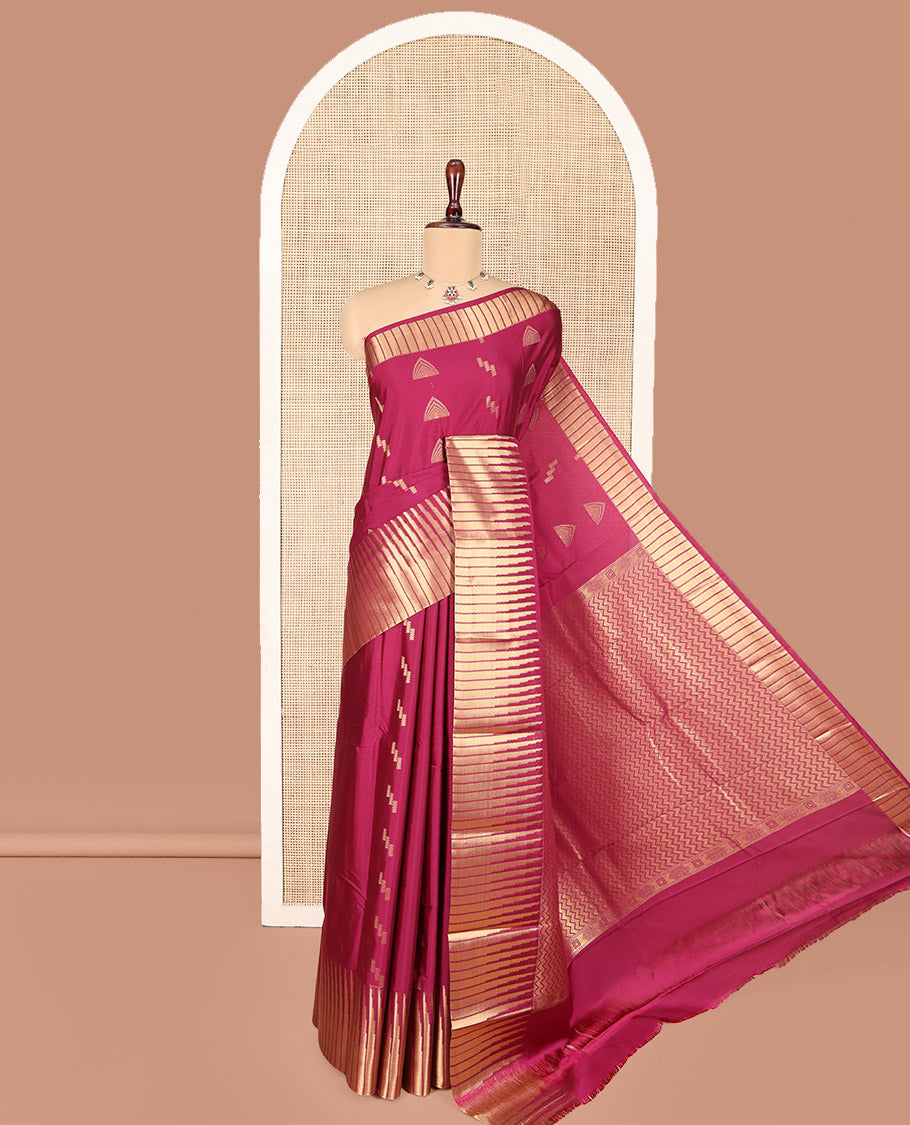 Wine Color Budget Silk Saree, Adorned with Zari Buttas All Over Its Body, Highlighted by Temple Zari Border, Gleaming Chevron-Patterned Pallu, and Paired with a Matching Blouse