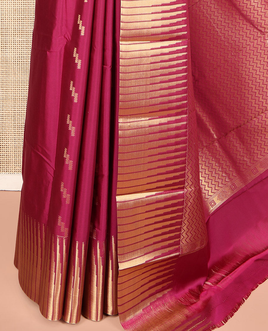 Wine Color Budget Silk Saree, Adorned with Zari Buttas All Over Its Body, Highlighted by Temple Zari Border, Gleaming Chevron-Patterned Pallu, and Paired with a Matching Blouse