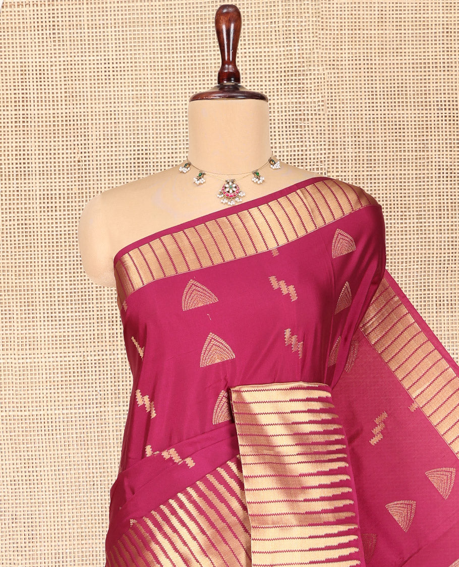 Wine Color Budget Silk Saree, Adorned with Zari Buttas All Over Its Body, Highlighted by Temple Zari Border, Gleaming Chevron-Patterned Pallu, and Paired with a Matching Blouse