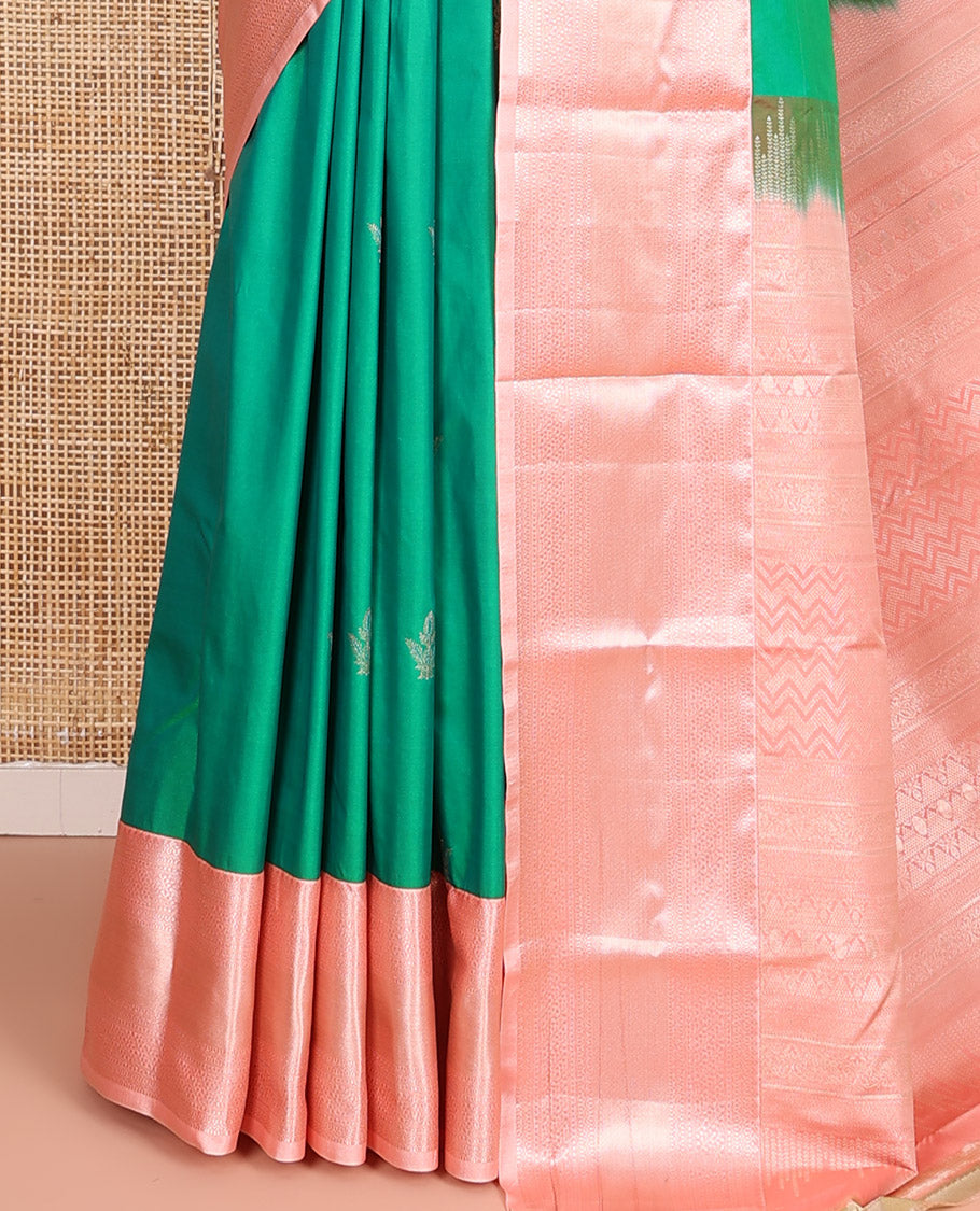 Green Budget Silk Saree, Adorned with Zari Buttas All Over Its Body, Complemented by a Contrast Border of Traditional Zari Designs, Pallu Elevated with Chevron Designs, and Paired with a Contrast Blouse