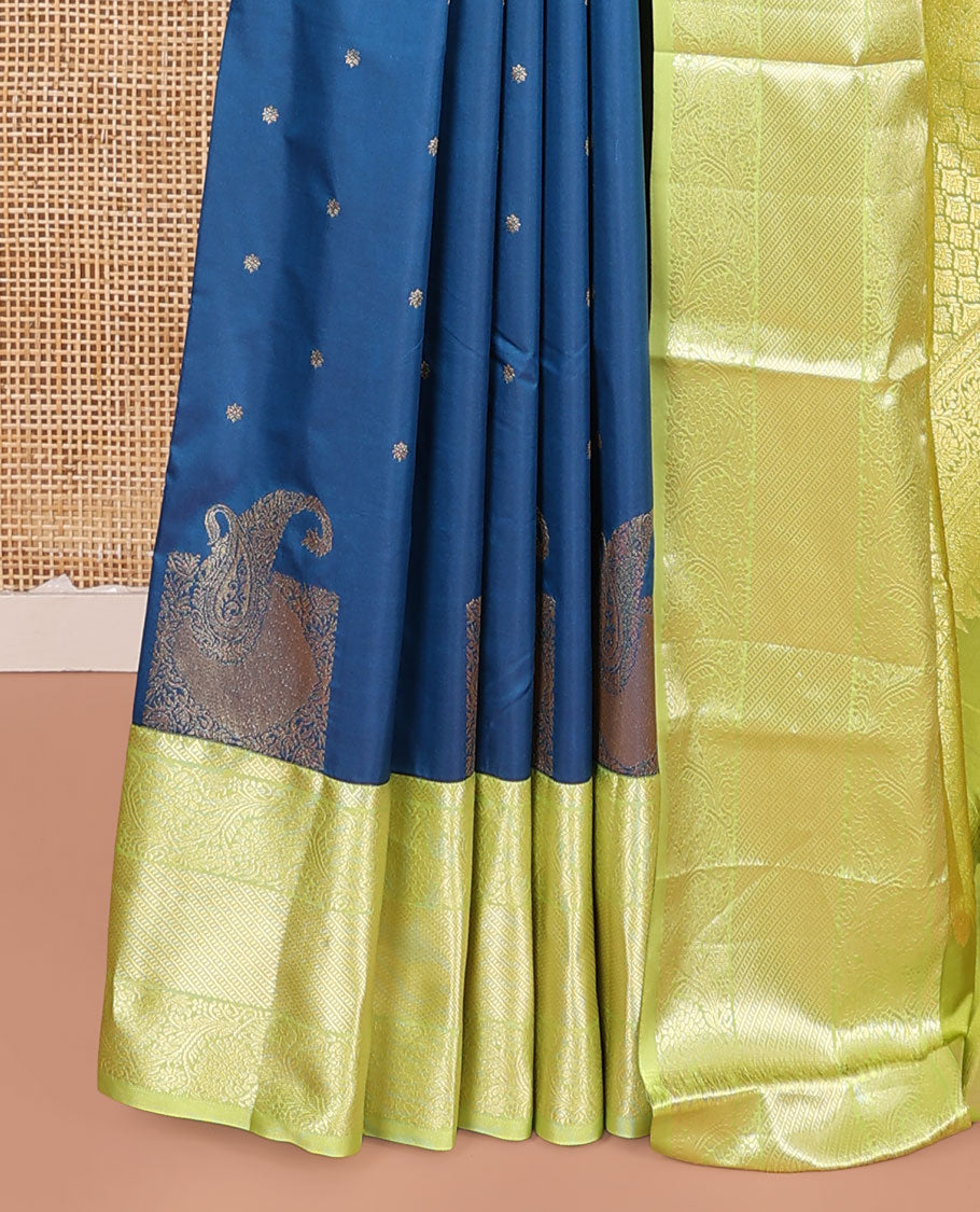 Blue Budget Silk Saree, Embellished with Zari Buttas on Its Body, Complemented by a Contrast Traditional Zari Design Border, Pallu of Jaal and Paisley Designs, and Paired with a Contrast Blouse