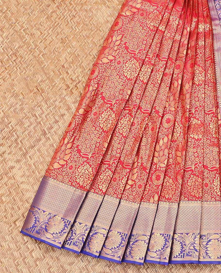 Red Budget Silk Saree, Adorned with Jacquard Design, Complemented by Contrast Traditional Zari Border, a Jaal Pallu and a Contrast Blouse