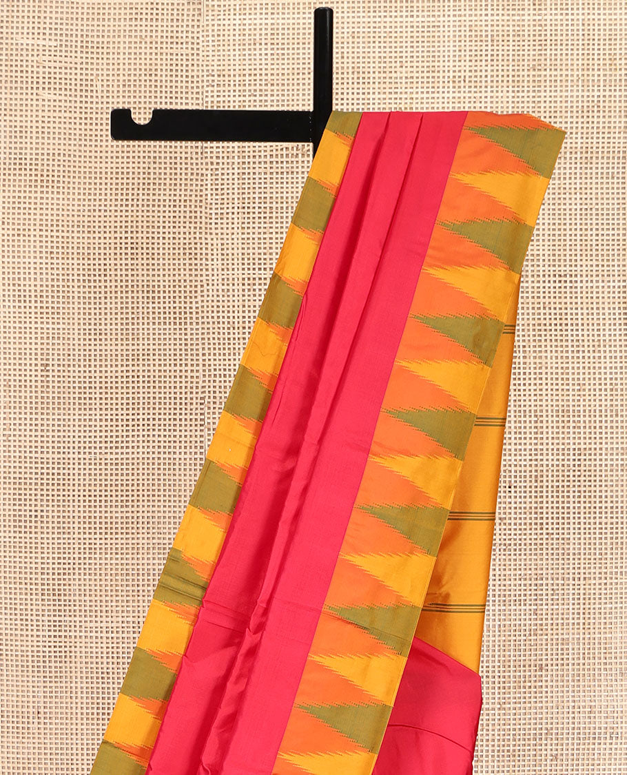 Red Plain Bangalore Silk Saree, Complemented by a Contrast Temple Border, Pallu of Stripes, and a Contrast Blouse