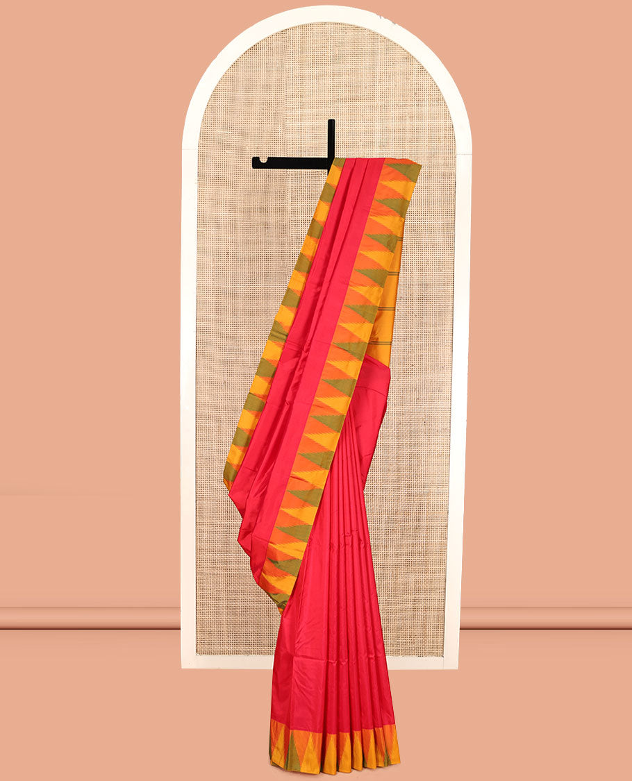 Red Plain Bangalore Silk Saree, Complemented by a Contrast Temple Border, Pallu of Stripes, and a Contrast Blouse